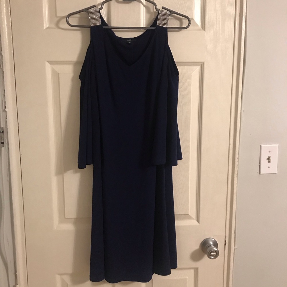 Navy dress with crystal details.